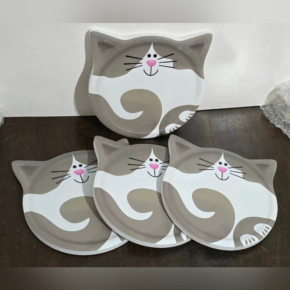 Cat-shaped Ceramic Coasters | Set of 4 | NIB